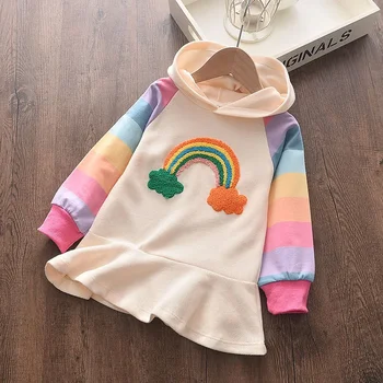Мода Есен Бебе Момичета Качулки Бежов Rainbow Print Цветни ръкави Рокли Пуловер Ризи Ежедневни Детски връхни дрехи