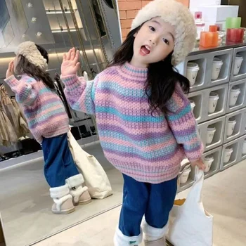 Момичета пуловер вълнено палто Детски върхове плетене 2023 Cool Сгъстяване Топла зима Есен Памук Жилетка Детско облекло