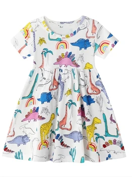 Момичета лятна рокля с къс ръкав с динозавърски печат бебешки детски дрехи