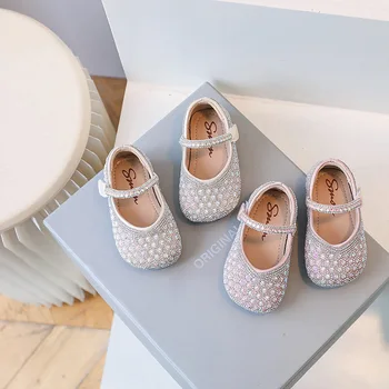 Baby Girl Princess Shoes Single Leather Children's Flats Shoes Fashion Bling Bling Girl Mary Janes Shoe Pink Beige