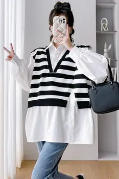 2023 Есен корейски стил майчинство ризи Черно бяло райе пачуърк странични бутони хлабав бременна жена памучни блузи дрехи