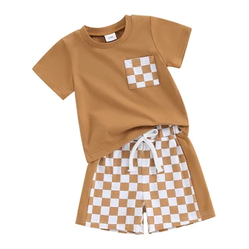2Pcs бебе момче летни тоалети къс ръкав върховете шахматна дъска печатни шорти комплект детски дрехи
