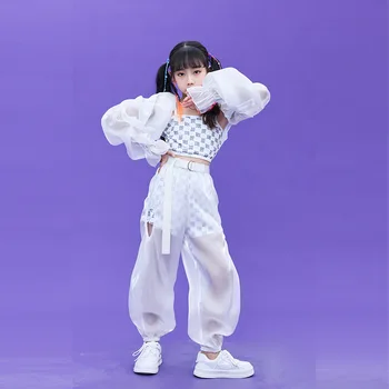 Girls Fashion White Hip Hop Clothing Puffy Long Sleeve Top Crop Tank Shorts Pants Skirt for Kids Jazz Dance Costumes Clothes Set