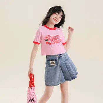 Корейски Топ летни розови тениски Облекло за момичета Сладък печат на писма Cherry Little Girls Tops 6 7 8 10 години