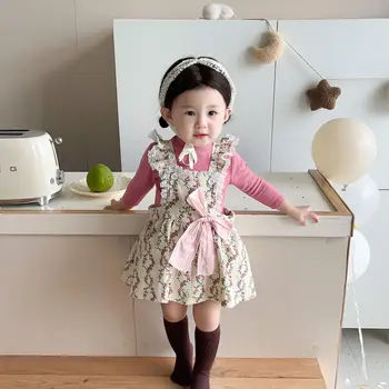 бебешко облекло пролет корейски стил без ръкави флорални тиранти рокля дантела лък случайни плътен цвят тениска момичета две части комплект