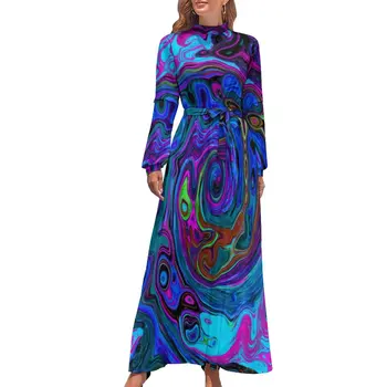 Groovy хипи печат рокля синьо и лилаво течност елегантен макси рокля случайни плаж дълги рокли висока талия модел облекло 0