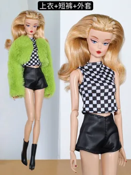 Комплект дрехи / зелено плюшено палто + решетка отгоре + късо / 30 см облекло за кукли За 1/6 Xinyi FR ST PP Кукла Барби Коледа