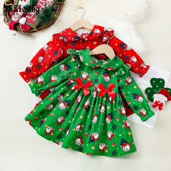 Детска коледна рокля за бебета момичета Модерен и сладък лък печат Дядо Коледа детска принцеса рокля