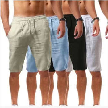 Нови мъжки памучни ленени шорти панталони мъжки летни дишащи плътни цветни ленени панталони фитнес улично облекло дантела нагоре дъна W2
