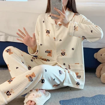Плюс размер японски нов стил есен зима панталони с дълги ръкави въздух памук топло дебели дами пижами домашно обслужване спално облекло