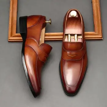 Италия мъже мокасини обувки естествена кожа Пени мокасини приплъзване на заострени пръсти черен кафяв офис сватбена рокля лято случайни обувки мъже