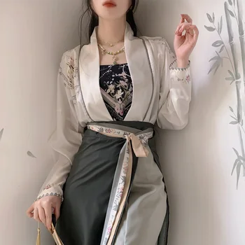 Ханфу костюм 3Pcs Ками жилетка и пола Нов китайски стил жени елегантни костюми есен нова рокля роба комплект секси песен стил Qipao