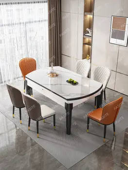 Rock board маса за хранене, лек лукс, модерна простота, разширяема сгъваема маса за хранене, домакинска променлива кръгла маса за хранене