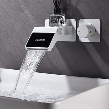 Интелигентен цифров дисплей Кранче за миене на ръце Студено и горещо Смесител за домашна мивка Кран за вода Баня В стената