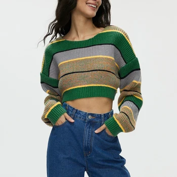 Жените раирани изрязани пуловери реколта контраст цвят хлабав дълъг ръкав пуловер върховете трикотажFall топло улично облекло