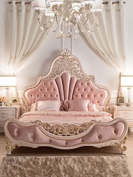 Френско легло за принцеси Европейско модерно масивно дърво ръчно резбовано сватбено легло ново светло луксозно двойно легло