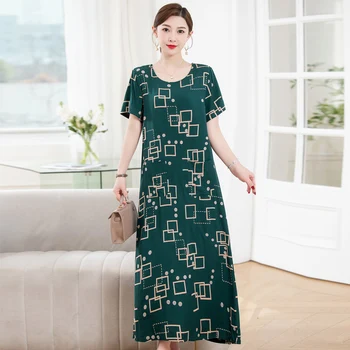 Лятна рокля Жени 2023 Нов къс ръкав хлабав Boho реколта печат дълга рокля корейска мода женски дрехи с джобове 0