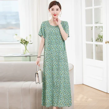 Лятна рокля Жени 2023 Нов къс ръкав хлабав Boho реколта печат дълга рокля корейска мода женски дрехи с джобове 1