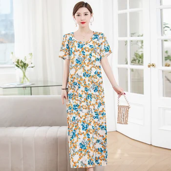 Лятна рокля Жени 2023 Нов къс ръкав хлабав Boho реколта печат дълга рокля корейска мода женски дрехи с джобове 2