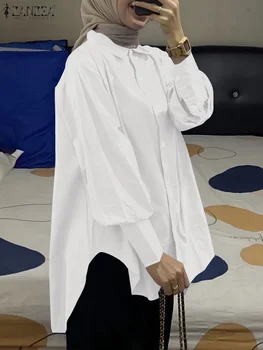 ZANZEA мода сплит подгъва блуза жена случайни мюсюлмански риза жена дълъг ръкав ревера врата риза реколта OL Blusas Mujer извънгабаритни