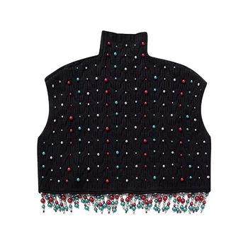 KEYANKETIAN Ново стартиране на жените цветни изкуствени перли ресни украсени пуловер жилетка празничен въздух високо врата култура трикотажни отгоре 1