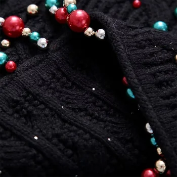 KEYANKETIAN Ново стартиране на жените цветни изкуствени перли ресни украсени пуловер жилетка празничен въздух високо врата култура трикотажни отгоре 3