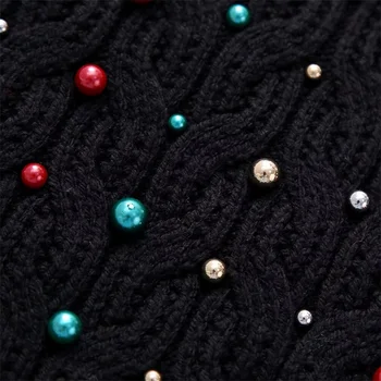 KEYANKETIAN Ново стартиране на жените цветни изкуствени перли ресни украсени пуловер жилетка празничен въздух високо врата култура трикотажни отгоре 4