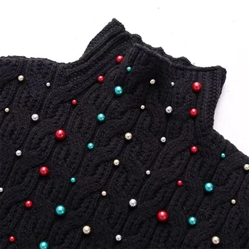 KEYANKETIAN Ново стартиране на жените цветни изкуствени перли ресни украсени пуловер жилетка празничен въздух високо врата култура трикотажни отгоре 5