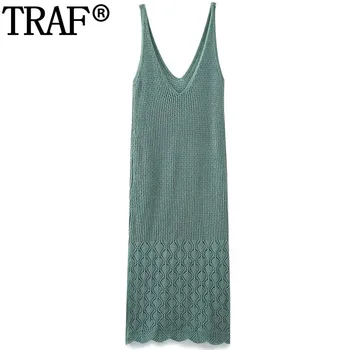 TRAF 2023 Зелена рокля без ръкави плетени рокли за жени Cutwork Секси лятна женска рокля Без гръб Отвесна вечерна рокля