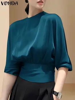 Елегантна лятна блуза 2024 VONDA мода хлабав върховете бутер ръкав плътен цвят офис ризи жени туника случайни Blusas Femininas