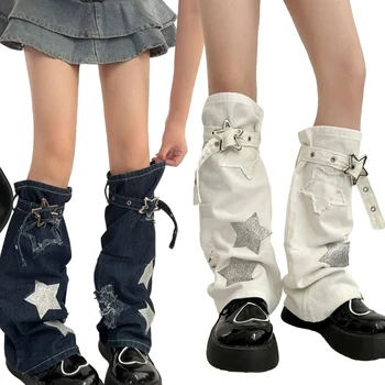Star Buckle Leg Warmers за жени момичета пънк деним дълги чорапи готически Harajuku крак покритие чорапи JK униформа крак покритие
