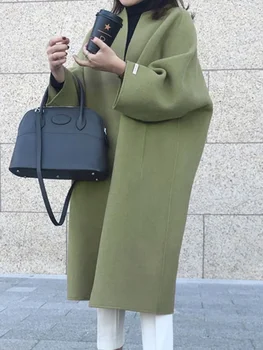 Елегантно вълнено палто за жени Улично облекло Ежедневни корейски модни якета Твърди джобове O Neck 2023 Нови есенни зимни палта