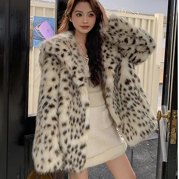 Faux Fox Fur Coat за жени Зимно яке Удебелено леопардово яке Имитация надолу яка Изкуствено кожено палто Ежедневни якета 2023