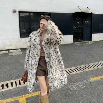 Faux Fox Fur Coat за жени Зимно яке Удебелено леопардово яке Имитация надолу яка Изкуствено кожено палто Ежедневни якета 2023 2