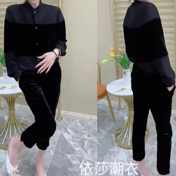 Китайска мода жени велур ризи жени реколта национални черни велур ризи жени черни върхове дълъг ръкав кадифе блуза 3