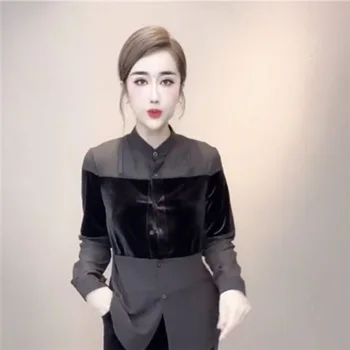 Китайска мода жени велур ризи жени реколта национални черни велур ризи жени черни върхове дълъг ръкав кадифе блуза 4
