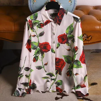 Сатенени дамски ризи щампи хлабав реколта копринени блузи пролет/лято дамско облекло мода дълги ръкави жени върховете YCMYUNYAN