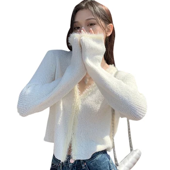 Дамско плетено палто Ежедневна мода Плетени дълги ръкави пуловер Корейска версия V врата плюшени шевове жилетка