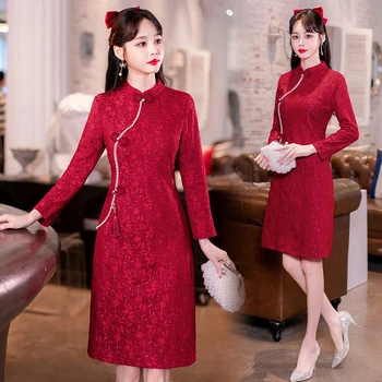 Ретро класически китайски традиционен мама червен Cheongsam парти облекло азиатски модерен подобрени рокли с дълъг ръкав за жени