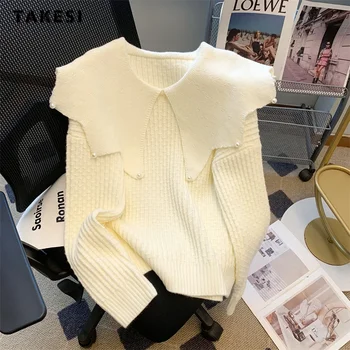 2023 Зимни сладки елегантни плетене дълъг ръкав пуловери жени случайни луксозни плътен цвят Питър Пан яка перли пуловер