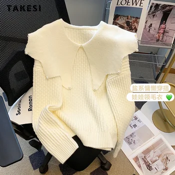 2023 Зимни сладки елегантни плетене дълъг ръкав пуловери жени случайни луксозни плътен цвят Питър Пан яка перли пуловер 1