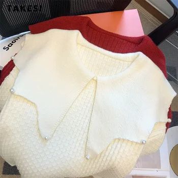 2023 Зимни сладки елегантни плетене дълъг ръкав пуловери жени случайни луксозни плътен цвят Питър Пан яка перли пуловер 2