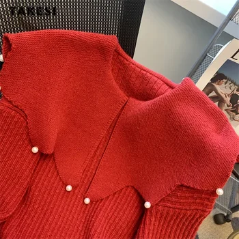 2023 Зимни сладки елегантни плетене дълъг ръкав пуловери жени случайни луксозни плътен цвят Питър Пан яка перли пуловер 4
