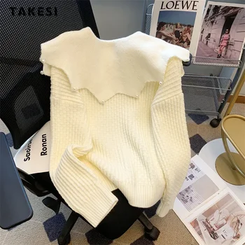 2023 Зимни сладки елегантни плетене дълъг ръкав пуловери жени случайни луксозни плътен цвят Питър Пан яка перли пуловер 5