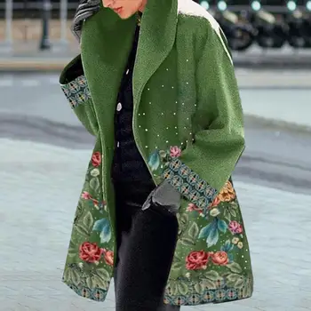 меко яке елегантен цвете печат жените зимата палто плюс размер дебели топло хлабав годни със средата дължина завой надолу яка есента 0