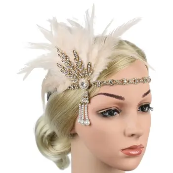 1920s Реколта коса лента жени момиче черно бяло перо лента за глава Хелоуин парти абитуриентски шапки Rhinestone мъниста аксесоари за коса