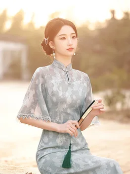 Елегантен сив печат Cheongsam жени китайски стил реколта елегантен подобрен женски високо сплит Qipao рокля ханфу 0