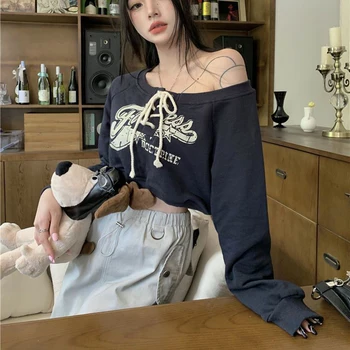 MEXZT Y2K изрязване суичъри жени улично облекло печат превръзка качулки реколта корейски разстояние рамо пуловер дълъг ръкав случайни върховете 5