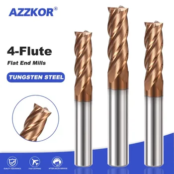 AZZKOR 4-флейта плоско дъно бронз край мелница волфрам стомана карбид CNC машини обработка център фреза фреза инструменти 1.0-12mm 0