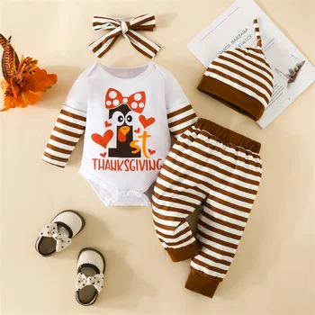 Комплект бебешки панталони за новородени 3Pcs Ден на благодарността тоалети писмо печат дълъг ръкав гащеризон Турция раирани панталони шапка комплект